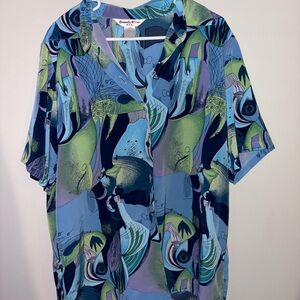 Beverly Rose - Vintage Blue and Green Button Down Shirt with Abstract Design